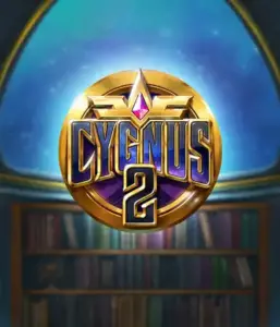 Discover the magical visuals of ELK Studios' Cygnus 2 Slot, showcasing a luxurious emblem with a bright purple and gold design. Positioned against a starlit library setting, this graphic captures the spirit of adventure and mystery. 