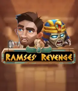 Explore the mysterious world of the Ramses' Revenge game by Relax Gaming, featuring a startled explorer and a menacing mummy against an Egyptian tomb backdrop. This graphic captures the excitement of Egyptian archaeology, perfect for those interested in historical adventures, offering a captivating escape. 